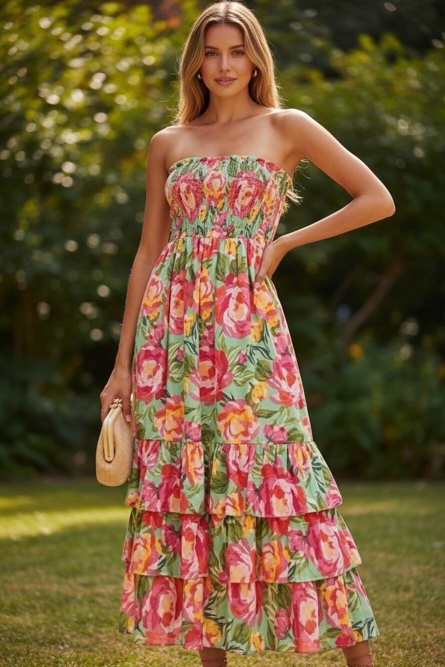 Abel The Label Floral Smocked Strapless Mimosa Maxi Dress Sz M NWOT